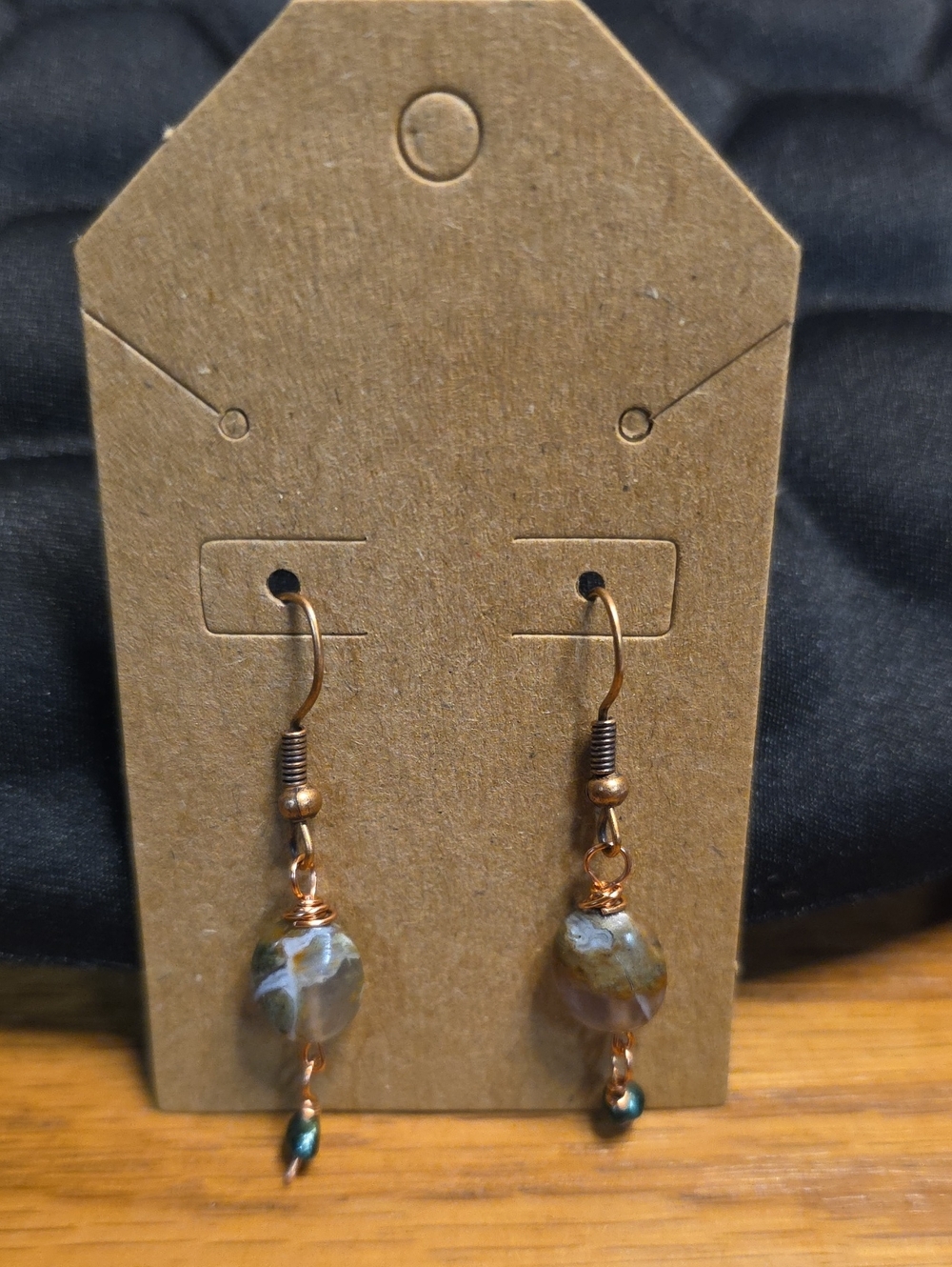 Handmade Green & Brown Agate Drop Earrings With Pearls